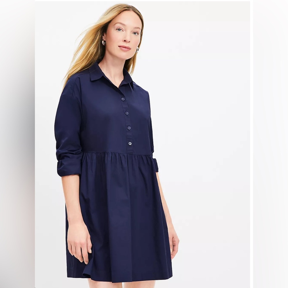 New LOFT navy Women’s Poplin Swing Shirtdress Navy Blue Size Small